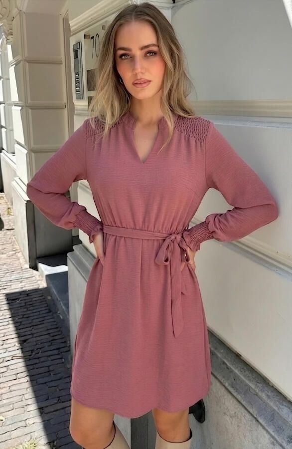 V-hals Smocked Jurk Dust Roze