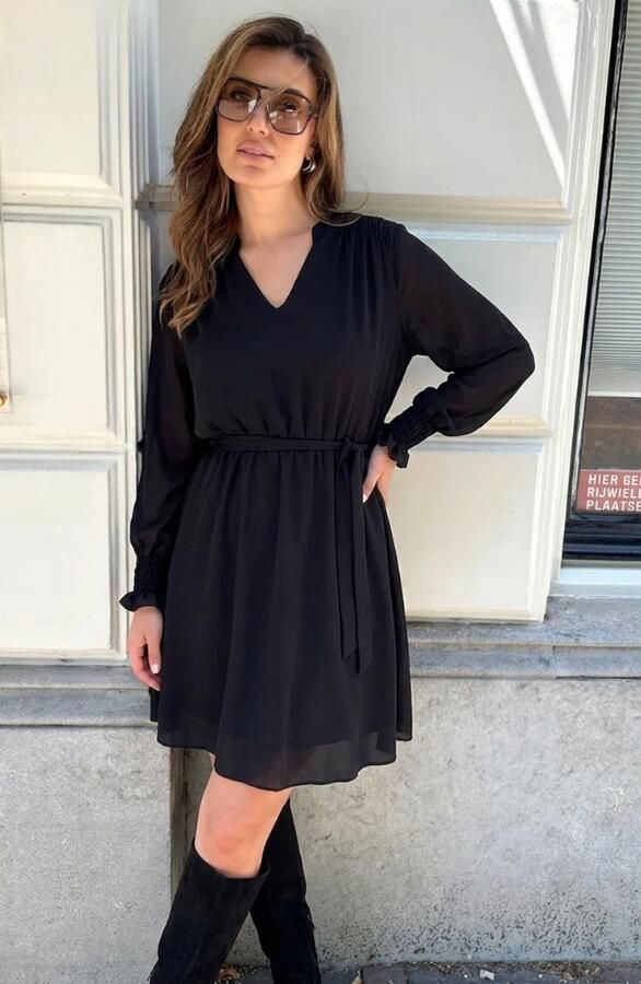 V-hals Smocked Jurk Zwart