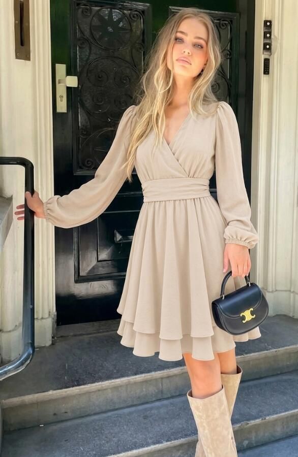 V-hals Strik Jurk Liv Beige