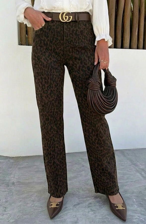 Wide Leg Jeans Leopard Brown Stretch FMH