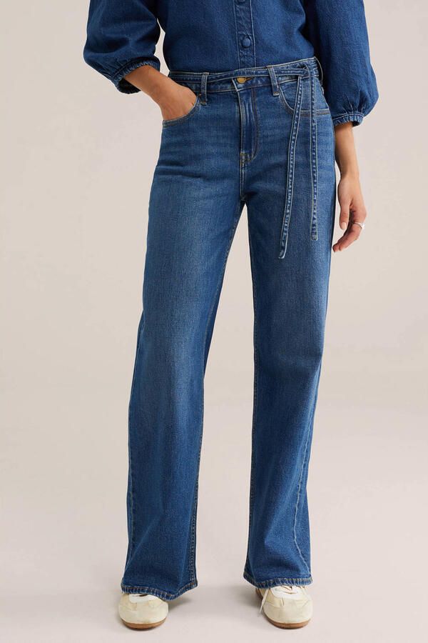 WE Fashion high waist wide leg jeans met ceintuur donkerblauw