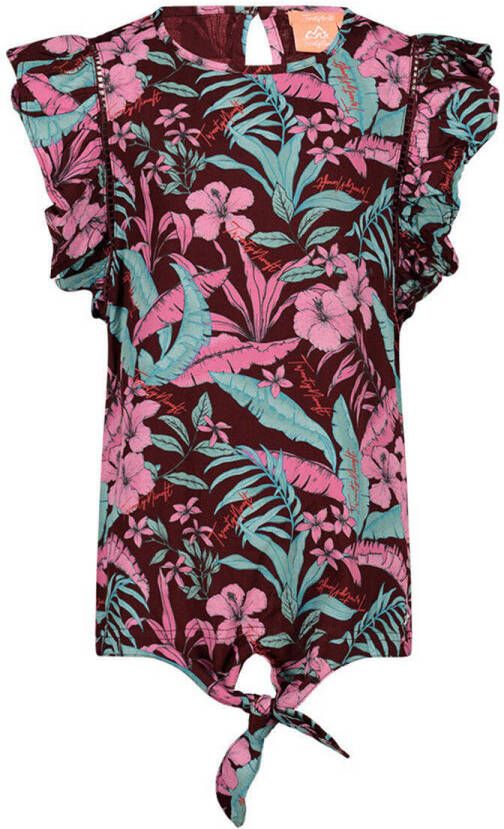 29FT blouse met bladprint en ruches paars roze groen Meisjes Viscose Ronde hals 116-122