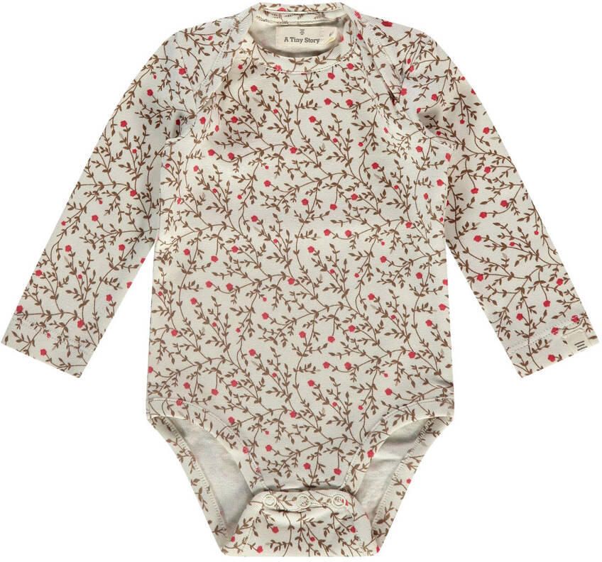 A Tiny Story romper ecru roze groen Meisjes Stretchkatoen Ronde hals Bloemen 50