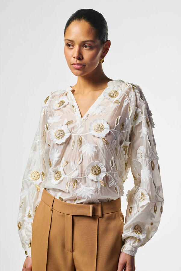 Aaiko Glanzende top met borduursels Alanza naturel