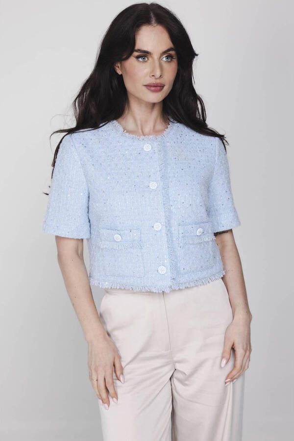 Accentil cropped blazer met wol lichtblauw met pailletten