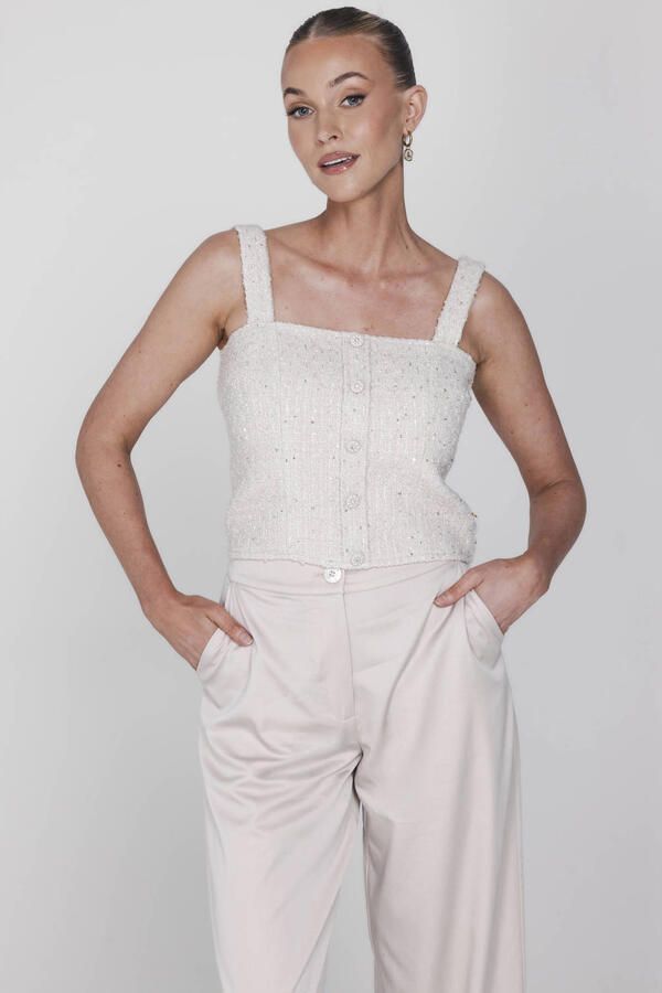 Accentil mouwloze top met wol beige met pailletten