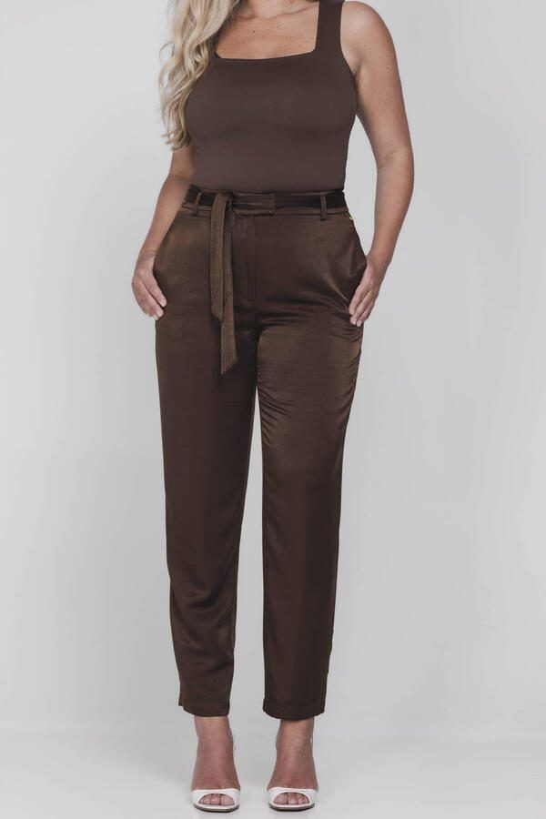 Accentil satijnen regular high waist pantalon donkerbruin