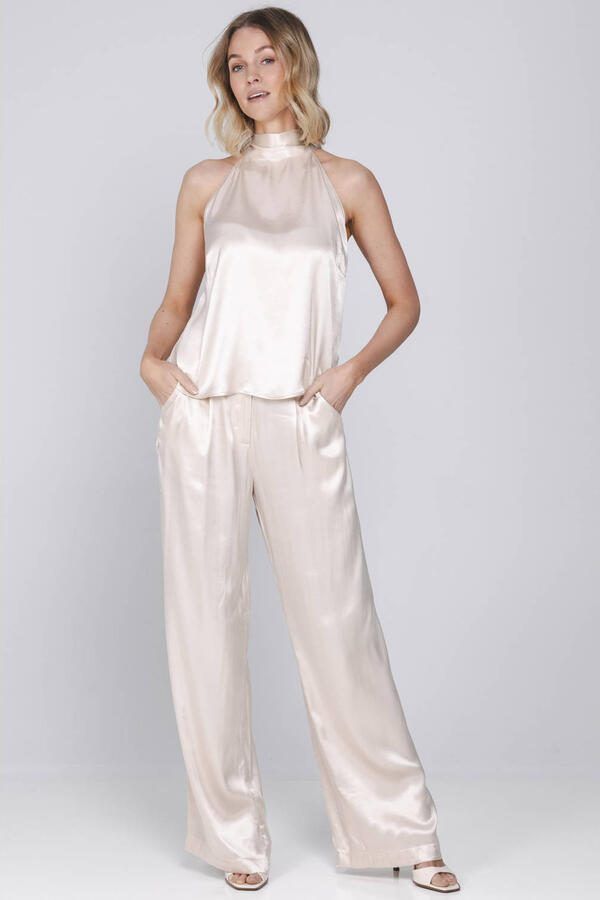 Accentil satijnen wide leg regular waist broek lichtroze