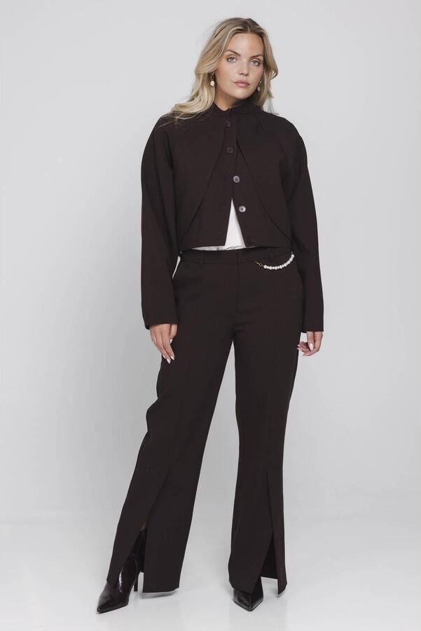 Accentil wide leg broek met split donkerbruin