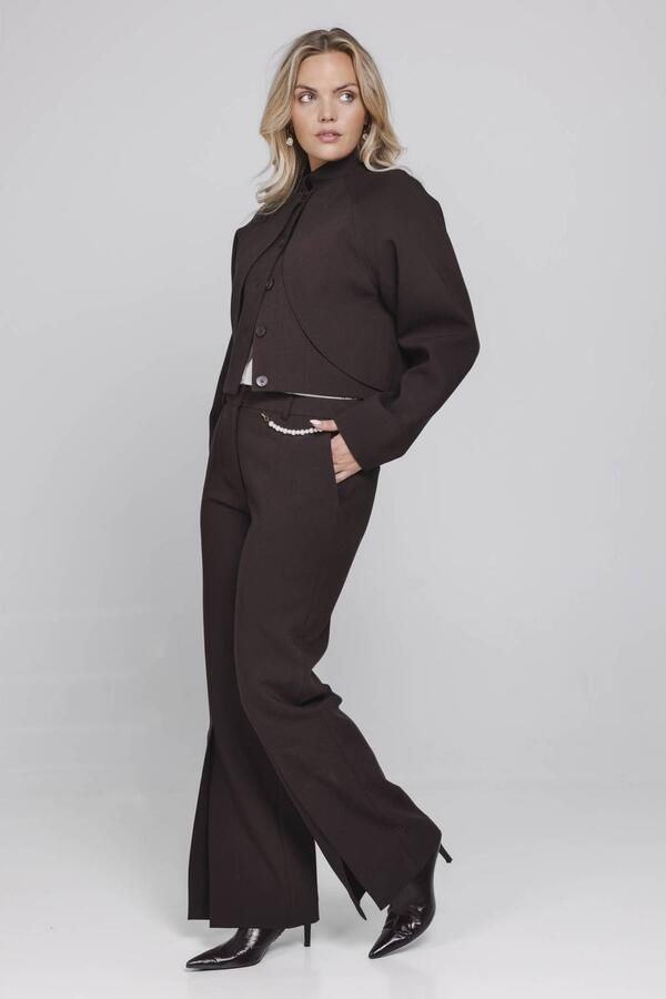 Accentil wide leg broek met split donkerbruin - Foto 3