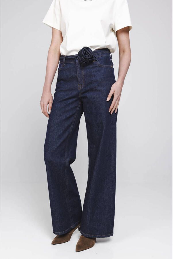 Accentil wide leg jeans met ceintuur dark blue