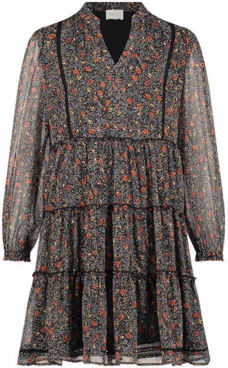 AI&KO A-lijn jurk Ilenia flower met all over print en textuur zwart multi
