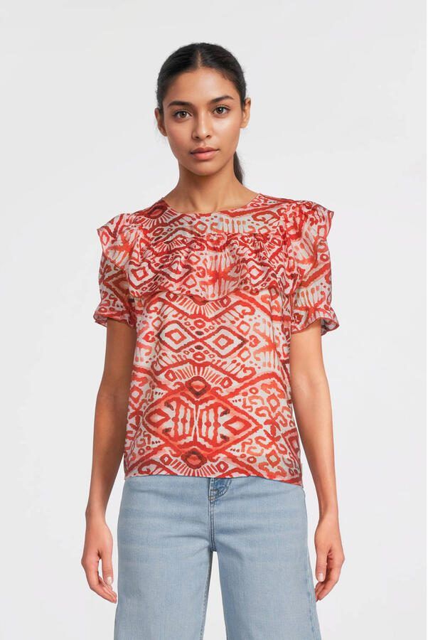 AI&KO top Greta Aztec met all over print en ruches rood Meisjes Viscose Ronde hals 176