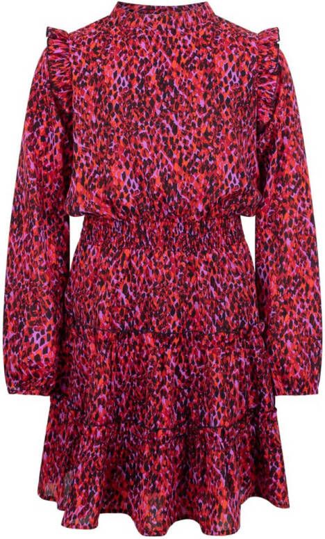 AI&KO jurk Alline Abstract met all over print en ruches rood paars zwart Meisjes Polyester Opstaande kraag 152