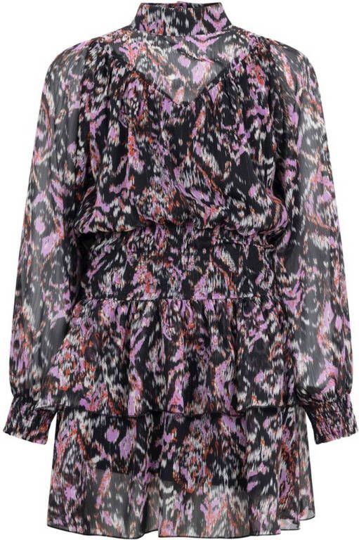 AI&KO jurk Phyllis met all over print zwart lila Meisjes Polyester Opstaande kraag 164