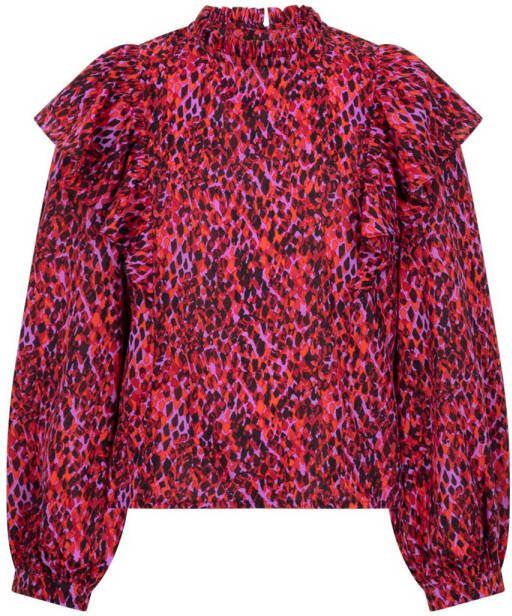 AI&KO top Adriana met all over print en ruches rood paars zwart Meisjes Polyester Opstaande kraag 128