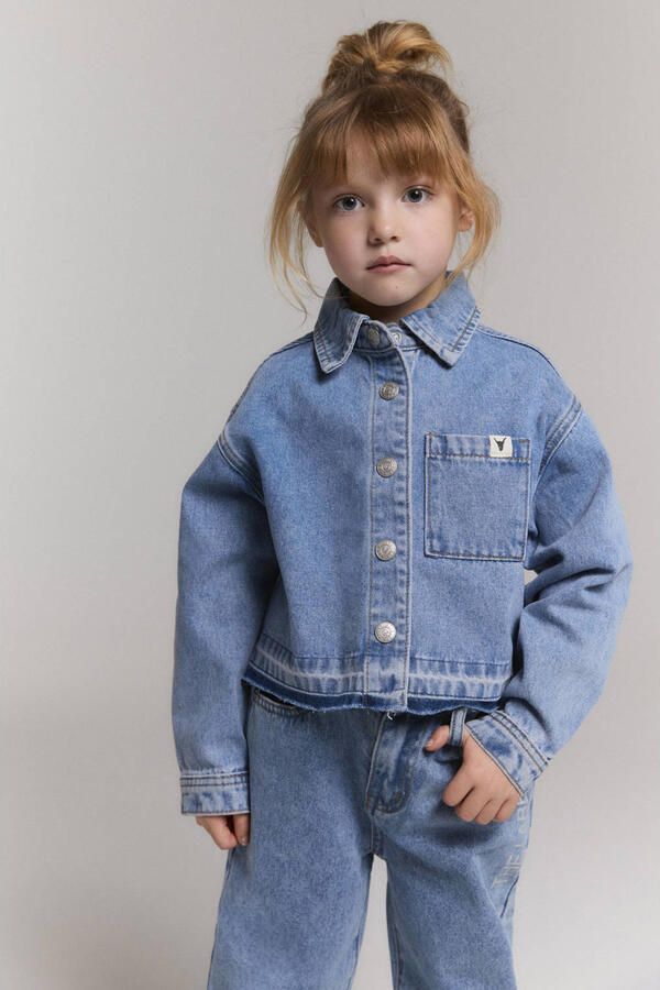 Alix the Label Alix Mini spijkerjas met rafels en backprint mediumblauw