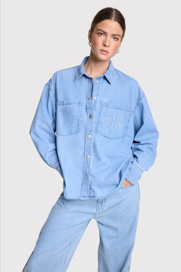 ALIX THE LABEL Dames Blouses Ladies Woven Chambray Peplum Denim Blouse Blauw - Foto 6