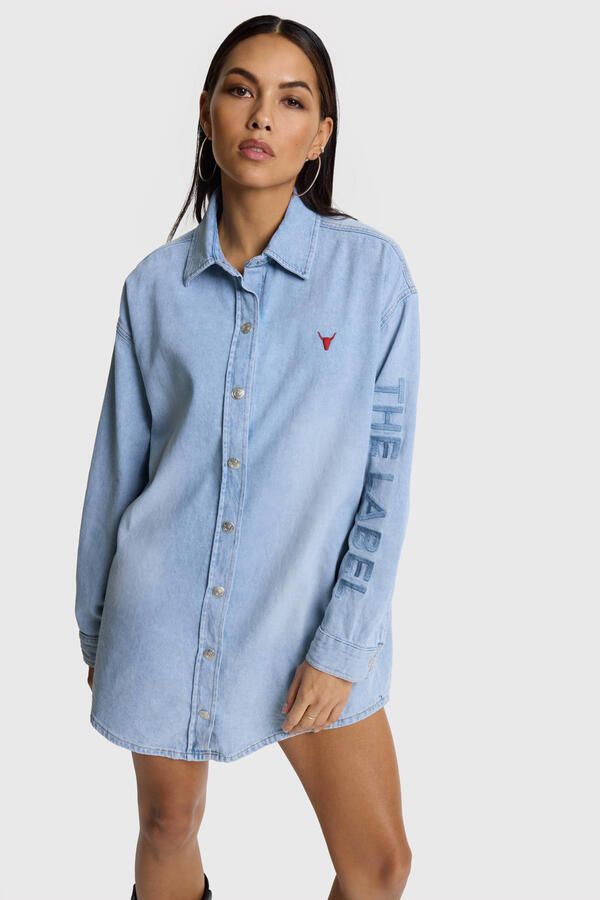 ALIX THE LABEL Dames Blouses Ladies Woven Flowy Denim Oversized Blouse Lichtblauw - Foto 5