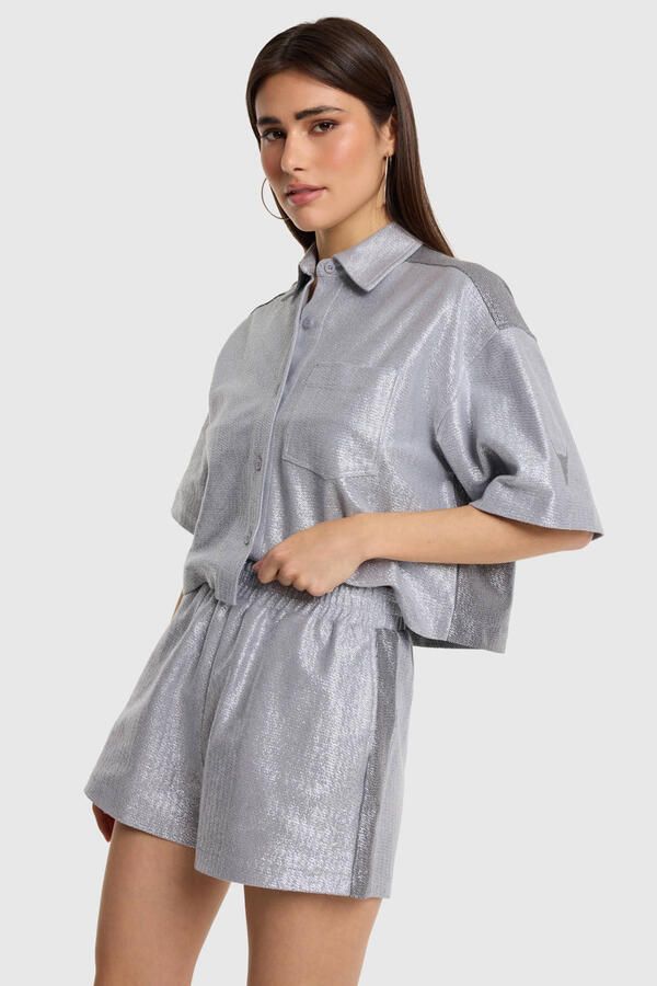 ALIX THE LABEL Dames Blouses Ladies Knitted Foil Cropped Blouse Zilver - Foto 5