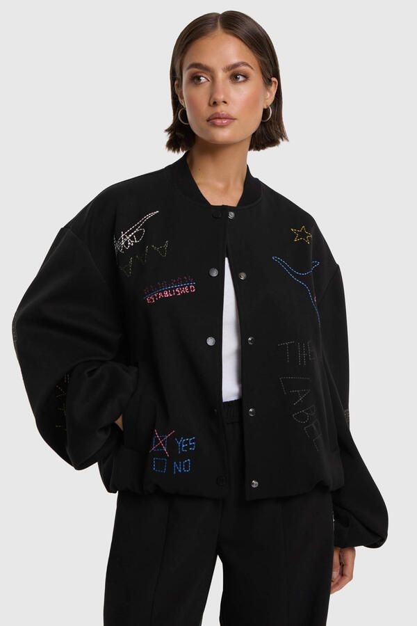 ALIX THE LABEL Dames Jassen Ladies Woven Artwork Bomber Zwart - Foto 5