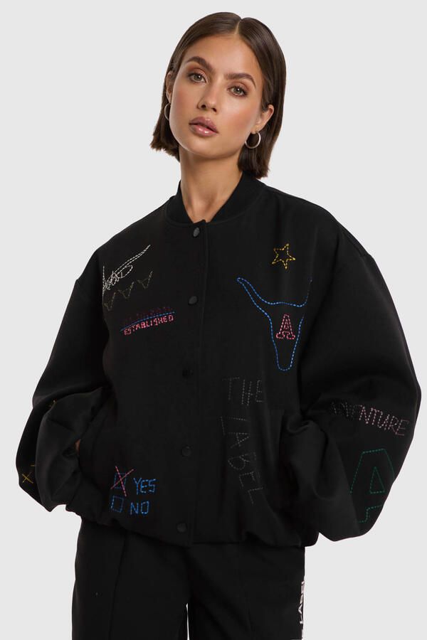 ALIX THE LABEL Dames Jassen Ladies Woven Artwork Bomber Zwart - Foto 7