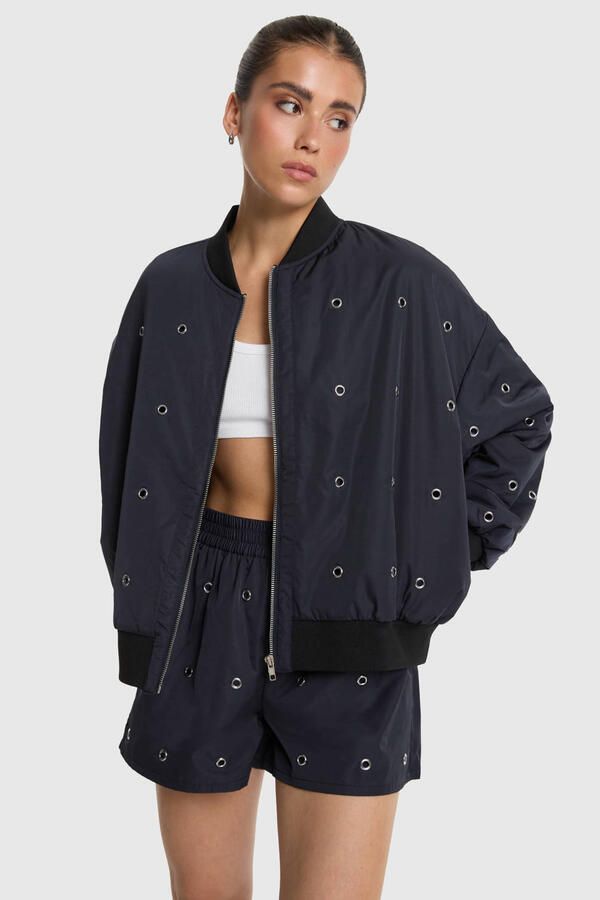 ALIX THE LABEL Dames Jassen Ladies Woven Eyelet Bomber Zwart - Foto 5
