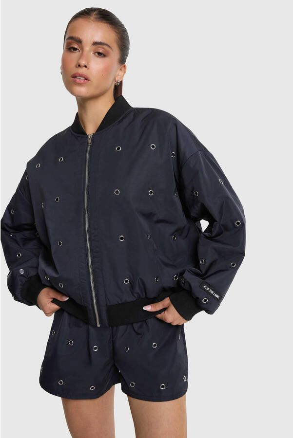 ALIX THE LABEL Dames Jassen Ladies Woven Eyelet Bomber Zwart - Foto 7