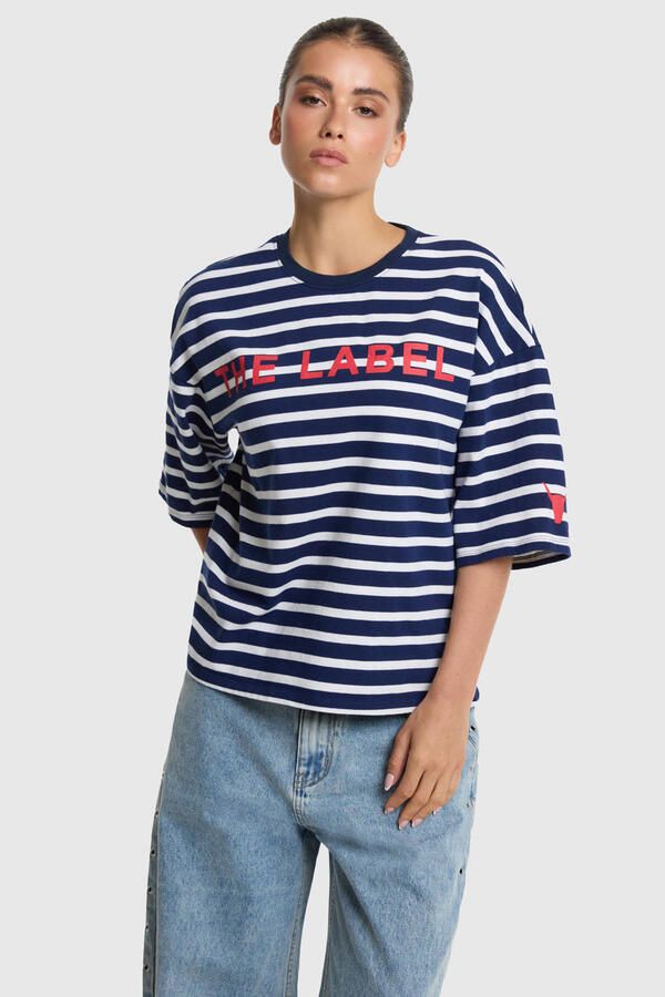 ALIX THE LABEL Dames Tops & T-shirts Ladies Knitted Y d Stripe T-shirt Donkerblauw - Foto 6
