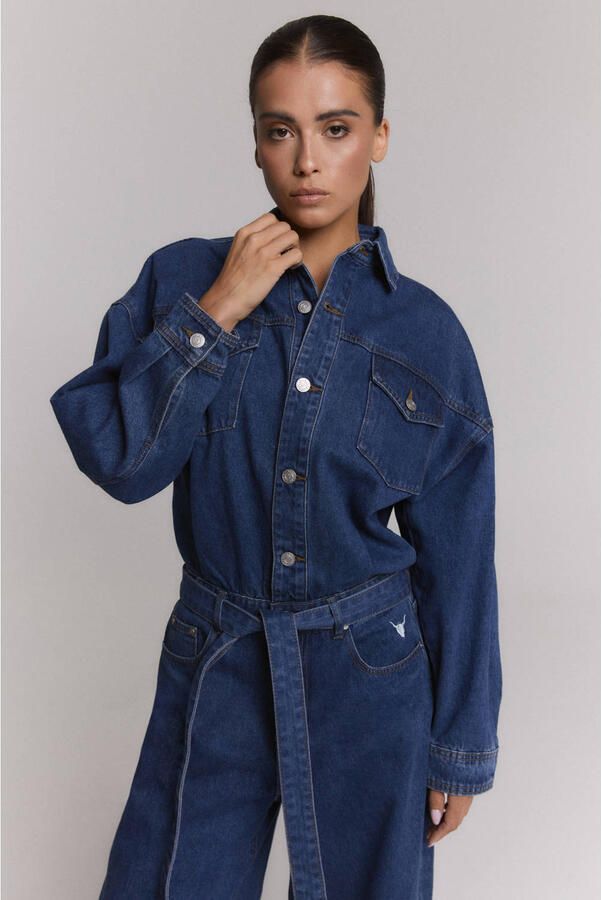 Alix the Label denim jumpsuit met ceintuur mediumblauw