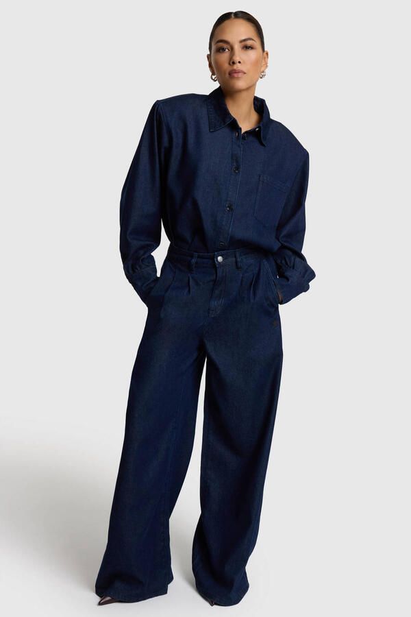 Alix the Label denim wide leg broek met plooien donkerblauw