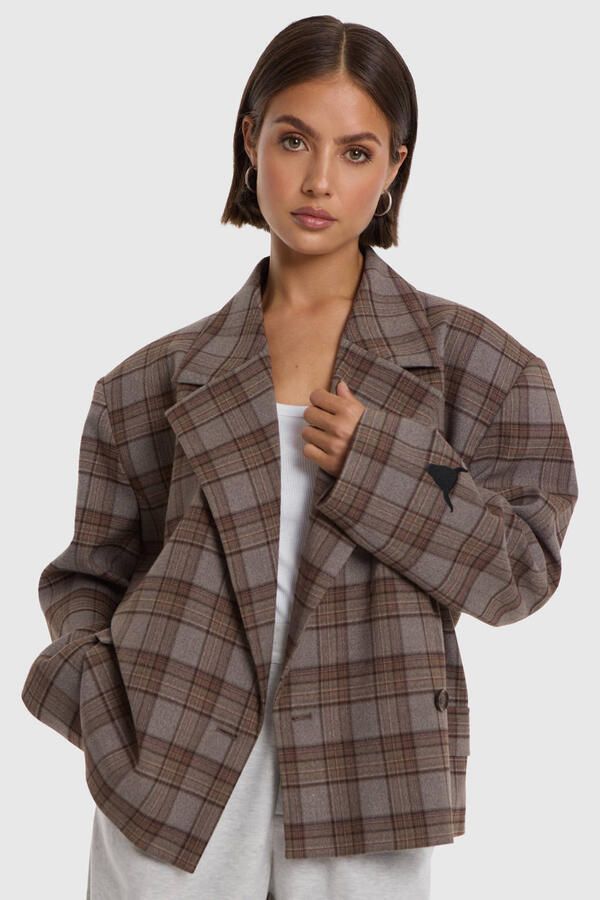 Alix the Label geruite cropped double breasted blazer bruin