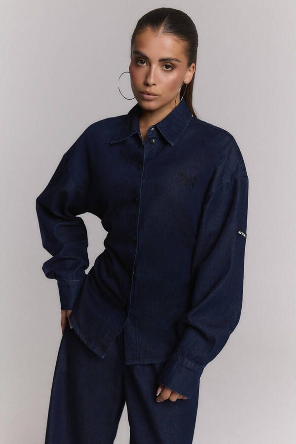 ALIX THE LABEL Dames Blouses Ladies Woven Fitted Waist Denim Blouse Donkerblauw - Foto 4