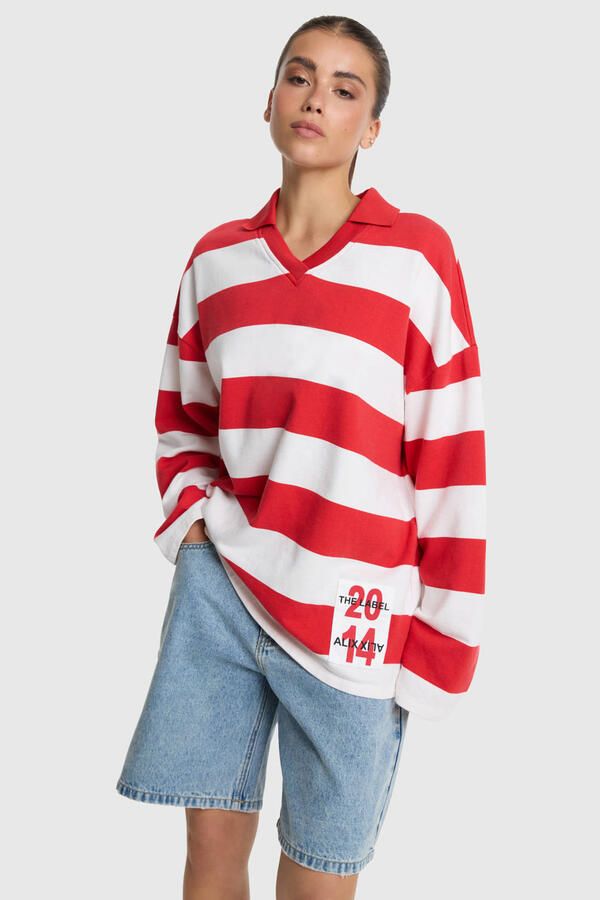 ALIX THE LABEL Dames Truien & Vesten Ladies Knitted Block Stripe Polo Sweater Rood - Foto 5