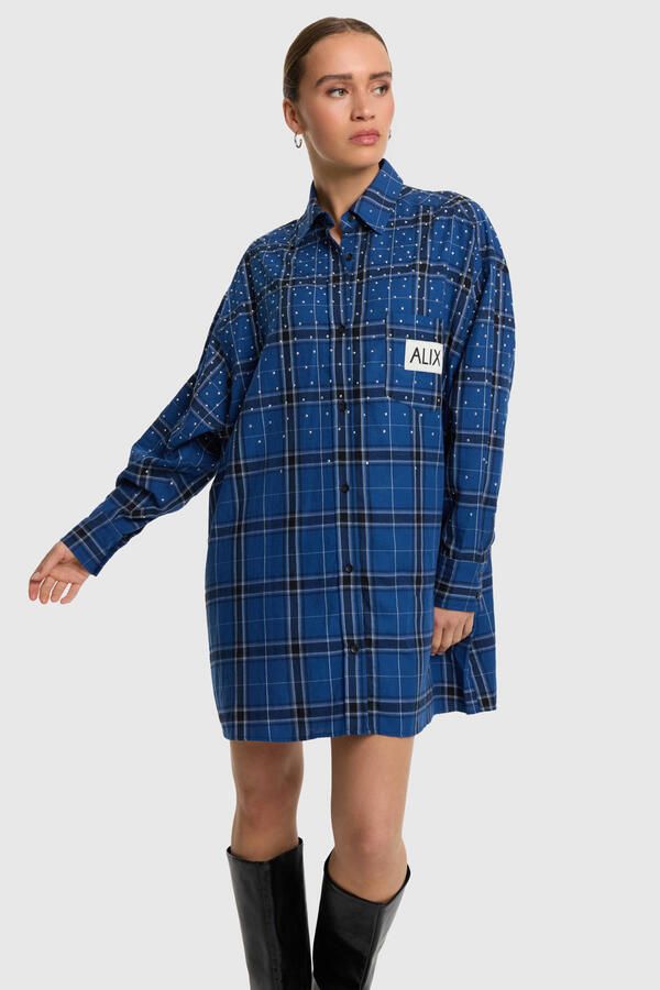 Alix the Label korte geruite blousejurk met studs donkerblauw