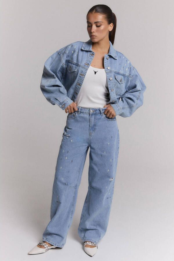 Alix the Label regular fit barrel jeans met verfspatten lichtblauw