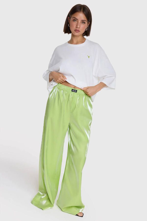 Alix the Label satijnen wide leg regular waist pantalon limegroen - Foto 5