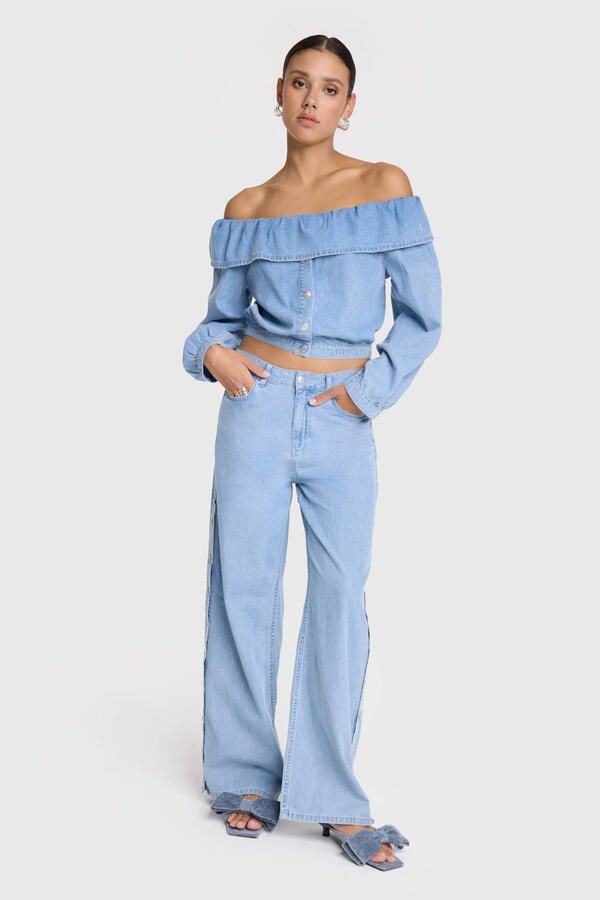 ALIX THE LABEL Dames Jeans Ladies Woven Chambray Denim Pants Lichtblauw - Foto 2