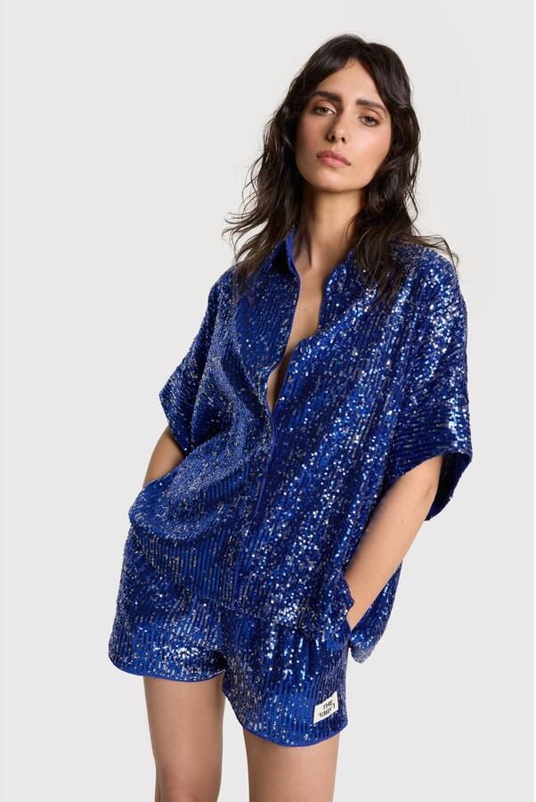 Alix the Label wide leg regular waist casual short blauw met pailletten - Foto 5