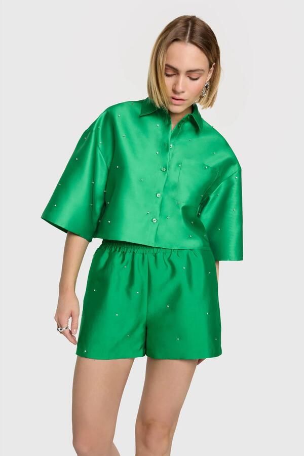ALIX THE LABEL Dames Broeken Ladies Woven Embellished Satin Shorts Groen - Foto 2