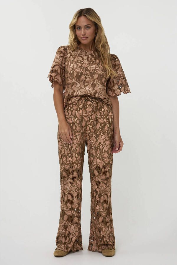 AMAYA Amsterdam high waist gebloemde broek broderie bruin - Foto 7