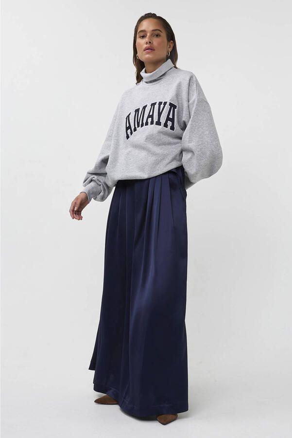 AMAYA Amsterdam satijnen maxi rok met ceintuur en split donkerblauw