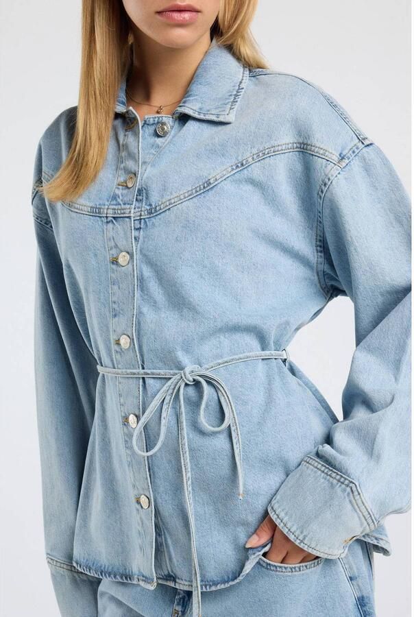 America Today denim blouse met ceintuur light blue - Foto 3
