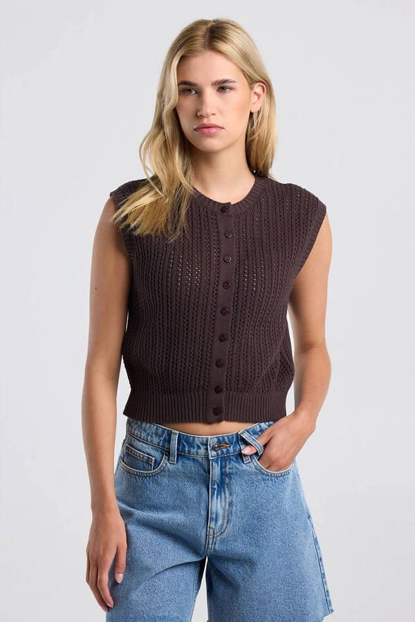 America Today gebreide gilet donkerbruin - Foto 2