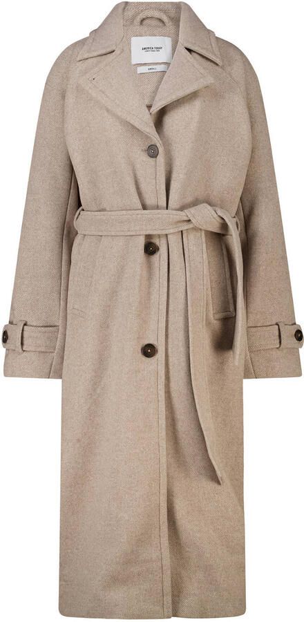 America Today gemêleerde wintermantel met ceintuur en wol beige
