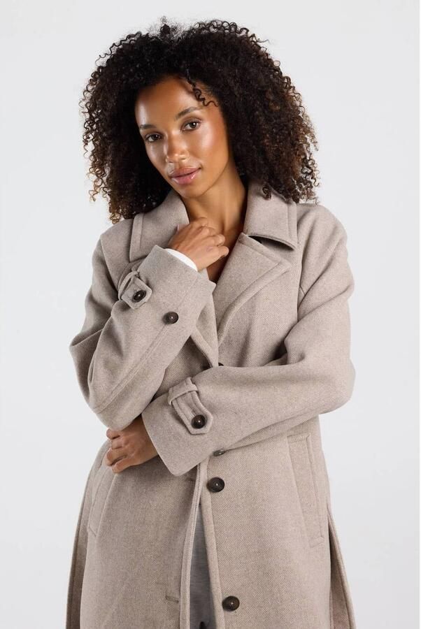America Today gemêleerde wintermantel met ceintuur en wol beige
