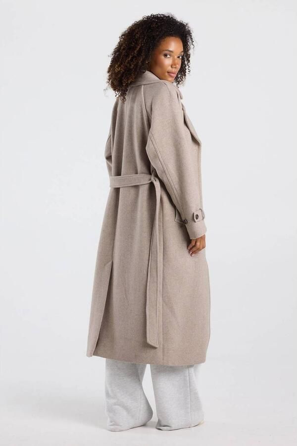 America Today gemêleerde wintermantel met ceintuur en wol beige - Foto 3