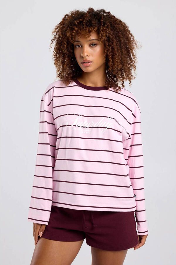 America Today gestreept T-shirt met tekst lichtroze