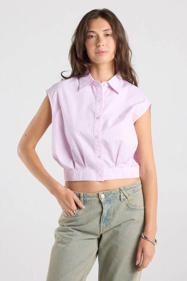America Today gestreepte blouse met plooien lichtroze