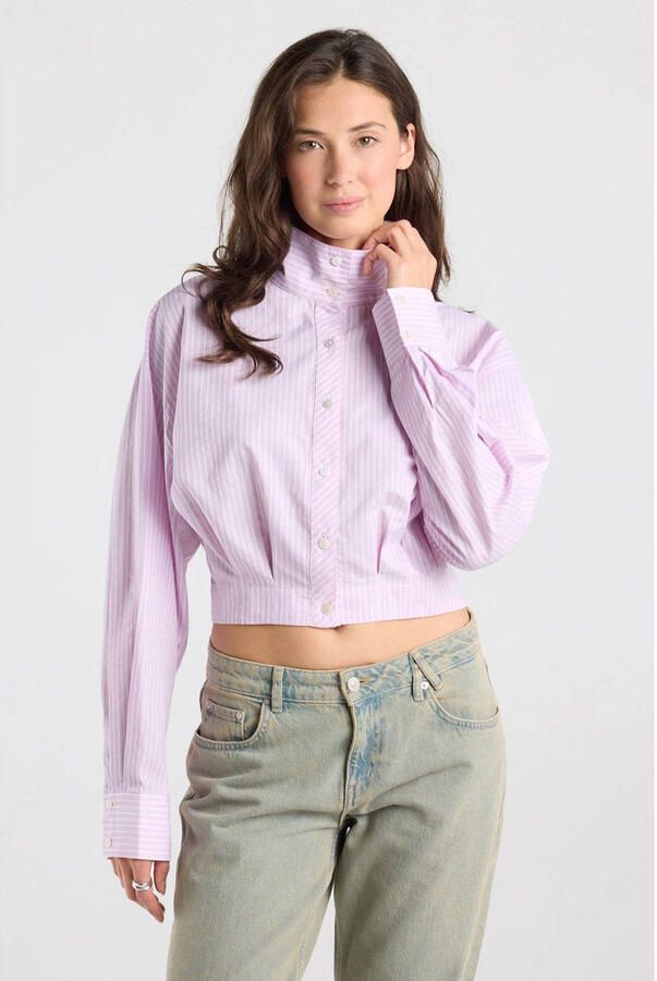 America Today gestreepte blouse met plooien lichtroze wit